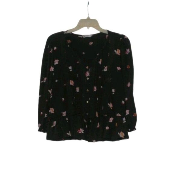 Lucky Brand Women’s Size M Blouse Top Green Floral 3/4 Sleeve Peplum V Neck - Picture 1 of 4